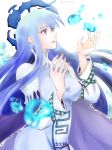  1girl bangs blue_cape blue_hair breasts bubble cape femalewhite_background hair_between_eyes highres houshin_engi leonis_g long_hair long_sleeves parted_lips purple_eyes robe ryuukitsu_koushu sidelocks solo upper_body very_long_hair water white_background 