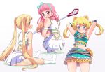  aikatsu!_(series) aikatsu_friends! armband arms_up back bangs blonde_hair blue_bow blue_eyes blush bow cheerleader commentary cowboy_shot eyebrows_visible_through_hair frills from_behind green_eyes hair_bow hairband hinata_ema_(aikatsu_friends!) idol kiratto_pri_chan lacrosse_stick long_hair looking_at_viewer medium_hair moegi_emo multicolored_hair multiple_girls navel on_ground orange_hair pink_hair pom_poms pretty_(series) red_eyes sitting_on_ground sleeveless socks squatting standing star thighs tokunou_shoutarou twintails very_long_hair white_legwear yuuki_aine 