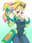 android blonde_hair blue_eyes blush bodysuit breasts cameltoe capcom clenched_hand covered_navel covered_nipples cowboy_shot energy_gun gloves gradient gradient_background headgear highres holding holding_weapon konboi-eg looking_at_viewer open_mouth palette_(rockman) pantyhose robot_ears rockman rockman_x rockman_x8 simple_background skin_tight small_breasts solo twintails weapon white_gloves 