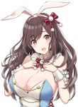  :d animal_ears arm_garter bangs bare_shoulders blush bow breasts brown_eyes brown_hair bunny_ears buttons chain cleavage commentary_request cross-laced_clothes detached_collar eyebrows_visible_through_hair hair_bow hairband idolmaster idolmaster_shiny_colors large_breasts long_hair looking_at_viewer mitsukazu_(nijigen_complex) open_mouth red_bow simple_background smile solo tsukioka_kogane white_background wrist_cuffs 