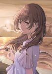  1girl absurdres arm_at_side backlighting bangs beach blouse brown_hair cigarette cloud cloudy_sky commentary_request earrings eyebrows_visible_through_hair from_side hand_up highres ibuki_(ibuki0118) index_finger_raised jewelry key long_hair looking_at_viewer looking_to_the_side mole mole_under_eye mouth_hold ocean original outdoors red_eyes sanpaku shirt short_sleeves sidelocks sky smoke smoking solo sun sunlight sunset upper_body water white_shirt wristband 