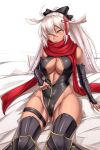  armor blonde_hair bow breasts center_opening cleavage commentary_request dark_skin fate/grand_order fate_(series) front_zipper_swimsuit hair_bow highres japanese_armor kote large_breasts leotard long_hair meme_attire okita_souji_(alter)_(fate) okita_souji_(fate)_(all) one-piece_swimsuit ponytail scarf shuugetsu_karasu sitting solo swimsuit thighhighs unzipping 
