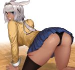 animal_ears ass black_panties blue_eyes blue_skirt caenis_(fate) commentary_request dark_skin fate/grand_order fate_(series) grin hair_intakes hairband kneeling lightninglight long_hair looking_at_viewer panties pantyshot pleated_skirt single_thighhigh skirt smile solo sweater tan tattoo thighhighs tiles underwear white_hair yellow_sweater 