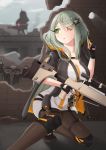  absurdres black_clothes black_footwear black_gloves bolt_action breasts building cartridge cleavage collarbone commentary denkouseka_akaiken dragoon_(girls_frontline) drone english_commentary eyebrows_visible_through_hair eyes_visible_through_hair fingerless_gloves girls_frontline gloves glowing green_eyes gun hair_ornament hand_up heterochromia hiding highres holding hood hoodie jacket knee_pads large_breasts leaf logo maple_leaf multiple_girls pantyhose rifle scope shirt shoes short_sleeves silhouette sneakers sniper_rifle solo_focus tac-50 tac-50_(girls_frontline) thigh_strap thighs weapon white_shirt yellow_eyes 