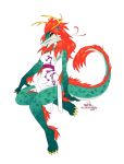  2019 ailuranthropy anthro breasts claws clothed clothing digital_media_(artwork) dragon female green_scales horn scales simple_background sitting smile solo white_background 