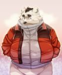  2018 anthro black_nose blush clothing fur male mammal nikiciy polar_bear simple_background solo sweater ursine white_fur 