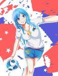  1girl 2018_fifa_world_cup ball bangs blue_eyes blue_hair earrings fairy_tail holding juvia_lockser long_hair necklace russia smile soccer soccer_uniform solo trousers white_shirt world_cup 