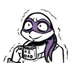  2018 anthro bandanna beverage clothed clothing coffee coffee_mug donatello_(tmnt) english_text holding_object inkyfrog male mask partially_colored reptile scalie shaking shell simple_background smile solo teenage_mutant_ninja_turtles text turtle white_background 