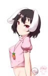  absurdres akatori_(redbird) animal_ears bad_id bad_pixiv_id blouse bottomless breasts brown_hair bunny_ears bunny_girl bunny_tail carrot_necklace expressionless from_side groin highres inaba_tewi looking_at_viewer looking_to_the_side pink_blouse puffy_short_sleeves puffy_sleeves red_eyes short_hair short_sleeves simple_background small_breasts solo tail touhou white_background 