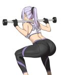  ass back barbell bare_shoulders black_gloves black_pants black_scrunchie bra breasts commentary exercise fingerless_gloves gloves houtengeki lavender_hair leggings long_hair original pants pointy_ears ponytail scrunchie simple_background solo sports_bra squatting thighs underwear weightlifting weights white_background white_bra yoga_pants 