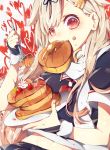  black_ribbon black_serafuku blonde_hair blush commentary_request eating fingerless_gloves food food_on_face fork fruit full_mouth gloves hair_flaps hair_ornament hair_ribbon hairclip heart heart-shaped_pupils highres holding holding_fork kantai_collection long_hair looking_at_viewer neckerchief pancake plate red_eyes red_neckwear remodel_(kantai_collection) ribbon scarf school_uniform serafuku short_sleeves solo strawberry sumoffu symbol-shaped_pupils syrup whipped_cream yuudachi_(kantai_collection) 