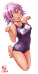 arched_back artist_logo blue_swimsuit breasts collarbone commentary_request covered_navel dated eyebrows_visible_through_hair fang full_body hair_between_eyes highres kanon_(kurogane_knights) kantai_collection medium_breasts one-piece_swimsuit one-piece_tan open_mouth paw_pose purple_hair red_eyes school_swimsuit short_hair simple_background solo swimsuit tama_(kantai_collection) tan tanline white_background 