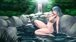  adjusting_hair bikini bikini_under_clothes blush breasts cleavage cloel closed_mouth collarbone fountain full_body green_eyes green_hair hatsune_miku highres large_breasts long_hair looking_at_viewer outdoors shirt sitting smile swimsuit twintails vocaloid water wet wet_clothes wet_shirt 