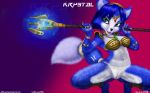  2018 5_fingers absurd_res anthro barefoot big_breasts big_butt black_nose blue_fur blue_hair breasts butt canine claws clothed clothing digital_media_(artwork) dipstick_tail female female_focus fox fur green_eyes hair hi_res holding_object huge_breasts jewelry krystal mammal multicolored_tail nintendo open_mouth panties short_hair simple_background smile solo star_fox thick_thighs tongue underwear v-tal video_games weapon white_fur 