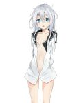  arms_behind_back bad_id bad_pixiv_id blue_eyes blush collarbone commentary eyebrows_visible_through_hair hair_between_eyes hibiki_(kantai_collection) kantai_collection long_hair long_sleeves looking_at_viewer messy_hair milly_(milly_7) naked_shirt navel no_bra no_pants open_clothes open_mouth shirt silver_hair simple_background solo verniy_(kantai_collection) white_background white_shirt 