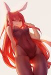  animal_ears arm_behind_back ass_visible_through_thighs bangs bare_arms bare_shoulders berg black_hairband black_leotard breasts bunny_ears bunnysuit closed_mouth crimson_avenger_(elsword) elesis_(elsword) elsword eyebrows_visible_through_hair fake_animal_ears from_below frown grey_legwear hairband highres leotard long_hair medium_breasts pantyhose red_eyes red_hair solo straight_hair thigh_gap very_long_hair 