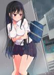  bag black_hair blush bookbag bralines breasts long_hair rain red_eyes s_sasaki_09140 see-through shirt solo uniform wet wet_clothes wet_shirt 