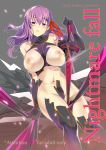  between_thighs black_gloves black_legwear bow breasts breasts_outside cover cover_page dark_sakura doujin_cover fate/stay_night fate_(series) gloves grey_background hair_bow large_breasts long_hair matou_sakura myouga nipples purple_eyes purple_hair raised_eyebrows rating red_bow shiny shiny_skin simple_background solo sword thighhighs weapon 