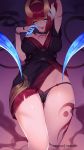  :p arm_behind_head bead_bracelet beads black_choker blue_eyes bracelet breasts cameltoe choker claws commentary demon_girl demon_horns english_commentary evelynn eyebrows_visible_through_hair finger_licking horns jewelry large_breasts league_of_legends licking looking_at_viewer nanoless panties red_hair solo tattoo thigh_gap thighs tongue tongue_out underwear 