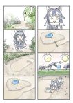  animal_ears ant bug comic food grass grey_wolf_(kemono_friends) highres insect japari_bun kemono_friends ladybug left-to-right_manga multiple_4koma murakami_kou_(raye) outdoors pencil puddle silent_comic tail wolf_ears wolf_tail younger 