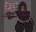  2018 alba_(character) alien arm_hair belt breasts chest_tuft claws clothed clothing covenant dialogue english_text female hair half-length_portrait halo_(series) humanoid jiralhanae long_hair muscular muscular_female pants portrait pubes rube shirt simple_background solo standing t-shirt text thick_thighs tuft tusks video_games wide_hips 