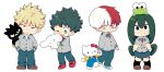  3boys :&gt; absurdres aqua_eyes asui_tsuyu badtz-maru bakugou_katsuki black_eyes black_hair black_legwear blonde_hair blush boku_no_hero_academia cheek_squash chibi cinnamoroll closed_mouth crossover frog green_eyes green_hair grey_eyes hasunoue_keroppi hello_kitty hello_kitty_(character) heterochromia highres kero_kero_keroppi kneehighs long_hair looking_at_another looking_at_viewer looking_away looking_up midoriya_izuku multicolored_hair multiple_boys necktie one_eye_closed open_mouth red_eyes red_hair red_neckwear sanrio short_hair simple_background smile todoroki_shouto uppi white_background white_hair 