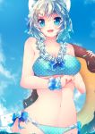  bangs bikini blue_eyes blue_ribbon blue_sky breasts cleavage collarbone commentary_request day dennou_shoujo_youtuber_shiro doughnut food fuuen_(akagaminanoka) hair_between_eyes hair_ornament hair_ribbon hairclip highres large_breasts lifebuoy looking_at_viewer navel ocean open_mouth polka_dot polka_dot_bikini polka_dot_swimsuit ribbon shiro_(dennou_shoujo_youtuber_shiro) short_hair silver_hair sky smile solo standing swimsuit underboob virtual_youtuber 