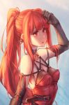  bangs bare_shoulders belt belt_buckle berg black_belt black_choker black_gloves breasts buckle choker cleavage covered_nipples crimson_avenger_(elsword) elbow_gloves elesis_(elsword) elsword eyebrows_visible_through_hair gloves long_hair medium_breasts open_mouth ponytail red_eyes red_hair sidelocks solo upper_body 