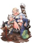  bare_shoulders barefoot blonde_hair boots boots_removed breasts brown_eyes camieux closed_eyes commentary_request cucouroux_(granblue_fantasy) draph granblue_fantasy highres horns large_breasts long_hair looking_at_another midriff multiple_girls n9+ short_twintails silva_(granblue_fantasy) sitting sleeping smile twintails white_background white_hair 