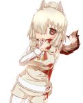  alpaca_suri_(kemono_friends) alpaca_tail arm_at_side black_sclera blonde_hair blood blood_on_face bloody_hands commentary_request extra_ears eyebrows_visible_through_hair fur_collar hair_over_one_eye highres horizontal_pupils kemono_friends parted_lips red_eyes short_shorts shorts simple_background smile solo tail thin_(suzuneya) tokyo_ghoul white_background 