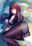  alternate_costume ass book breasts business_suit cameltoe cleavage commentary craytm dress_shirt english_commentary fate/grand_order fate_(series) formal glasses hair_intakes highres large_breasts long_hair miniskirt office_lady on_floor one_eye_closed pantyhose papers purple_hair red_eyes scathach_(fate)_(all) scathach_(fate/grand_order) shadow shirt skirt suit thighs tile_floor tiles unbuttoned very_long_hair 