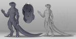  anthro big_claws blackchaos666 claws close-up dinosaur feathers featureless_crotch female grey_skin hi_res long_tail male model_sheet muscular muscular_male nude pecs size_difference smaller_version_at_source solo theropod tyrannosaurus_rex 