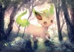 brown_eyes closed_mouth commentary day forest from_side gen_4_pokemon grass leaf leafeon looking_at_viewer manino_(mofuritaionaka) nature no_humans pokemon pokemon_(creature) signature smile solo tree 