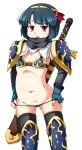  armor ass_visible_through_thighs bangs bikini_armor black_legwear blue_armor blue_gloves blue_hair blush cameltoe cowboy_shot eyebrows_visible_through_hair fingerless_gloves flat_chest gem gloves groin hairband legs_apart midriff navel open_mouth original pauldrons raised_eyebrow red_eyes sheath sheathed simple_background solo standing stomach sugiura sword thighhighs weapon white_background yellow_hairband 