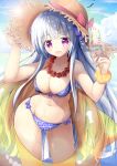  absurdres azur_lane bikini bow breasts cleavage commentary_request cygnet_(azur_lane) d: food grey_hair hair_bow hat highres innertube large_breasts lei maritaki open_mouth plaid plaid_bikini popsicle purple_eyes solo strap_gap straw_hat swimsuit 