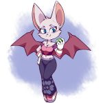  2018 anthro bat blue_eyes breasts chaos_emerald cheek_tuft chest_tuft cleavage clothed clothing cute_fangs female gloves head_tuft holding_object looking_at_viewer mammal membranous_wings midriff navel plagueofgripes rouge_the_bat short_stack simple_background smile solo sonic_(series) spread_wings standing tuft wings 