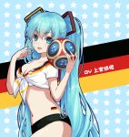  2018_fifa_world_cup :p alternate_costume ball blue_background blue_eyes blue_hair blush breasts chinese_commentary cleavage collarbone commentary_request crop_top eyebrows_visible_through_hair front-tie_top german_flag germany hands_up hatsune_miku holding holding_ball long_hair looking_at_viewer medium_breasts midriff navel shangguan_feiying shirt short_sleeves smile soccer soccer_ball solo standing star starry_background stomach tattoo tied_shirt tongue tongue_out twintails upper_body very_long_hair vocaloid white_shirt world_cup 