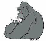  2018 ape blush cat cuddling digital_drawing_(artwork) digital_media_(artwork) eyes_closed feline fur gorilla grey_fur koko_(gorilla) mammal pink_nose primate side_view signature simple_background sitting size_difference steve_thompson whiskers white_background white_fur 