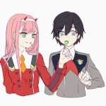  1boy 1girl bangs black_hair blue_eyes couple darling_in_the_franxx eyebrows_visible_through_hair green_eyes hair_ornament hairband hetero hiro_(darling_in_the_franxx) holding_lollipop horns in_mouth lollipop long_hair long_sleeves matching-anime-icons military military_uniform necktie oni_horns orange_neckwear pink_hair red_horns red_neckwear short_hair uniform white_hairband zero_two_(darling_in_the_franxx) 