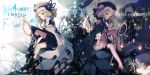  album_cover arcaea background_text beret black_bow black_cape black_footwear black_hat black_ribbon black_shirt black_shorts blonde_hair blue_bow blue_eyes blue_shirt boots bow buttons cable cape check_commentary child cierra_(ra-bit) commentary_request company_name cover crescent curly_hair eto_(arcaea) facial_tattoo frilled_legwear frilled_sleeves frills hat large_buttons layered_skirt leg_ribbon long_hair long_sleeves luna_(arcaea) miniskirt multiple_girls official_art pleated_skirt purple_bow purple_eyes purple_legwear purple_skirt ribbon scissors shirt shoes shorts sitting skirt smile star star_tattoo straight_hair symmetry tattoo thigh_boots thighhighs white_bow white_cape white_hair white_hat white_legwear wrist_cuffs 