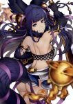  animal_ears ass backless_dress backless_outfit bangs bare_shoulders bell black_gloves blue_eyes blunt_bangs blurry blurry_foreground commentary_request cowboy_shot depth_of_field dress elbow_gloves erune eyebrows_visible_through_hair eyelashes floating_hair from_behind gloves gold_trim granblue_fantasy hair_bell hair_ornament highres jingle_bell legband long_hair looking_at_viewer looking_back multicolored multicolored_eyes open_mouth purple_eyes purple_hair shimashima_(simasima_23) shoulder_blades simple_background smile standing tail white_background white_dress yuel_(granblue_fantasy) 