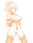  arm_belt arms_behind_back bangs bdsm bondage bound bound_wrists bow breasts gag hair_bow idolmaster idolmaster_cinderella_girls jougasaki_mika jurrig large_breasts leg_belt legs_apart looking_at_viewer monochrome nipples o-ring orange_(color) pearl_thong ponytail revealing_clothes short_hair simple_background slave solo standing tag thighhighs underbust white_background 