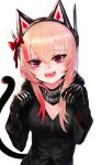  alternate_headgear bangs black_jacket breasts cat_ear_headphones cat_tail cleavage commentary_request dokomon eyebrows_visible_through_hair eyes_visible_through_hair fangs girls_frontline hair_between_eyes hair_ornament headgear headphones highres hood hooded_jacket jacket korean_commentary m4_sopmod_ii_(girls_frontline) multicolored_hair open_mouth paw_pose pink_hair prosthesis prosthetic_arm red_eyes red_hair simple_background solo star star-shaped_pupils streaked_hair symbol-shaped_pupils tail white_background zipper 