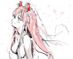  anmi blue_eyes blush breasts closed_mouth commentary_request darling_in_the_franxx eyeshadow from_side horns long_hair makeup medium_breasts nude petals pink_hair sketch smile solo veil zero_two_(darling_in_the_franxx) 