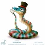  black_eyes blue_scales cryptid-creations cup eyewear facial_hair fangs feral half-closed_eyes hat humor male monocle mustache pun red_scales reptile scales scalie simple_background snake solo tea_cup top_hat white_background white_scales 