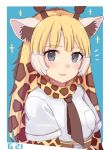  ancolatte_(onikuanco) animal_ears belt blonde_hair blue_eyes blush brown_hair collared_shirt dated elbow_gloves eyebrows_visible_through_hair giraffe_ears giraffe_horns giraffe_print gloves highres kemono_friends multicolored_hair necktie reticulated_giraffe_(kemono_friends) scarf shirt short_sleeves sparkle upper_body white_hair 