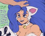  &lt;3 2018 ambiguous_gender animal_humanoid bell bell_collar blue_eyes blue_hair breasts cat_humanoid collar darkstalkers dialogue disembodied_hand duo english_text fangs felicia_(darkstalkers) feline female green_background hair hi_res humanoid mammal mostly_nude open_mouth open_smile petting plagueofgripes simple_background smile solo_focus text video_games 