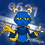  2018 annoyed anthro blue_body digital_media_(artwork) e621 esix feline hi_res machine mammal mascot middle_finger nupane4sale robot solo yellow_eyes 