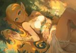  1girl artist_name bare_shoulders blonde_hair bloomers blue_eyes bracelet breasts cleavage deviantart_username dress flower grass highres jewelry leg_up long_hair looking_at_viewer medium_breasts necklace nintendo parted_lips pointy_ears princess_zelda shade smile solo the_legend_of_zelda the_legend_of_zelda:_breath_of_the_wild underwear very_long_hair watermark web_address white_dress xavier_houssin 