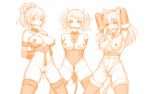  animal_ears arm_belt armpits arms_behind_back ass_visible_through_thighs bangs barcode bare_shoulders bdsm belt blush bondage bound bound_wrists bow bowtie breasts cat_ears chain cowboy_shot elbow_gloves eyebrows_visible_through_hair fur_trim gag gloves hair_bow hands_up horns idolmaster idolmaster_cinderella_girls idolmaster_shiny_colors jougasaki_mika jurrig large_breasts leg_belt legs_apart leotard long_hair looking_at_viewer medium_breasts monochrome multiple_girls nipple_piercing nipples o-ring orange_(color) pearl_thong piercing ponytail revealing_clothes shibuya_rin short_hair simple_background skindentation slave standing tag tanaka_mamimi thighhighs twintails underbust white_background 